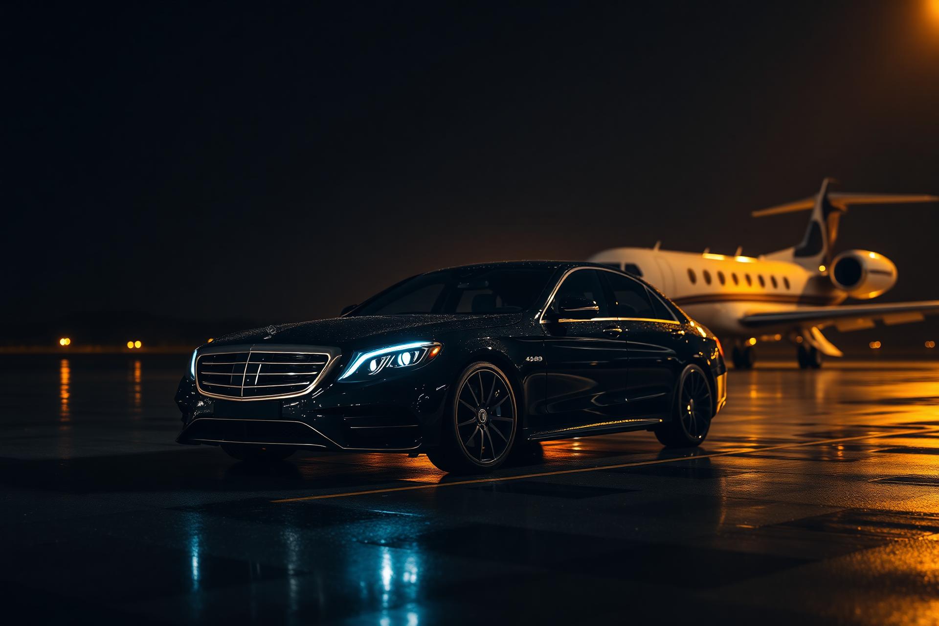 Berline premium Flyline sur tarmac près d'un jet privé